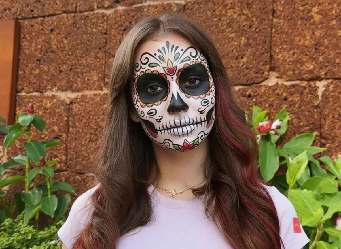 Vibrant sugar skull makeup portrait with floral patterns and gemstone decorations, perfect for Día de los Muertos or Halloween makeup, suitable as halloween pfp aesthetic.
