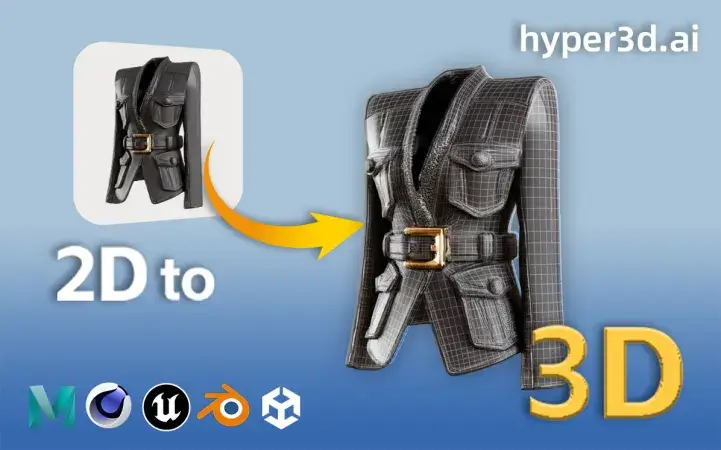 1. Hyper3D.ai 2D to 3D conversion showing black trench coat with belt transforming from 2D photo to detailed 3D model