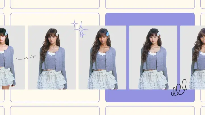 AI model photoshoots of women in purple cardigan and blue skirt across identical fashion product photos for e-commerce