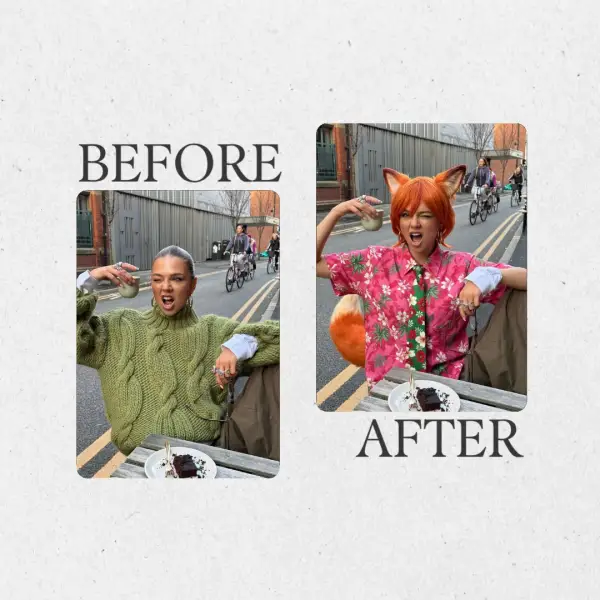 Before-and-after photo: person at café to Nick Wilde fox cosplay with ears and pink shirt