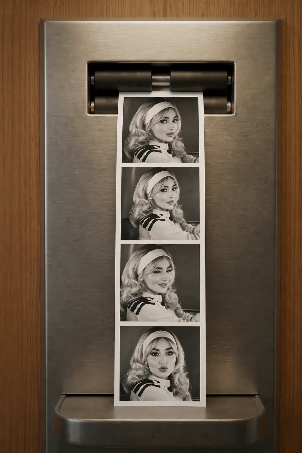 Vintage photobooth black-and-white photo strip emerging from a sleek metallic wall dispenser.
