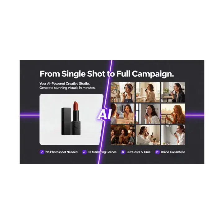 AI-generated ecommerce marketing scenes for a lipstick product, from a single product shot to a full lifestyle campaign.