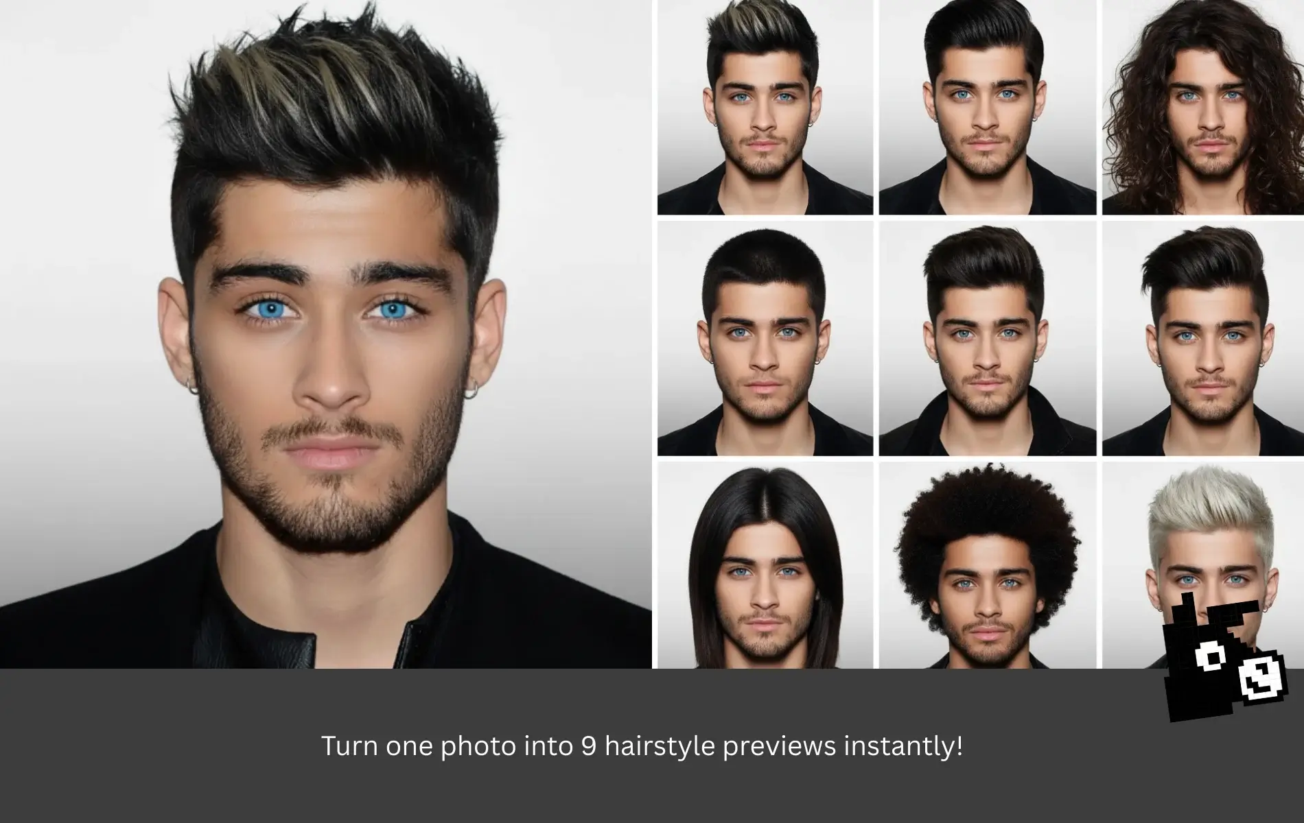 Man’s portrait photo on left generating 9 different AI hairstyle previews in 3x3 grid on right, showing short, long, curly, and colored hair options