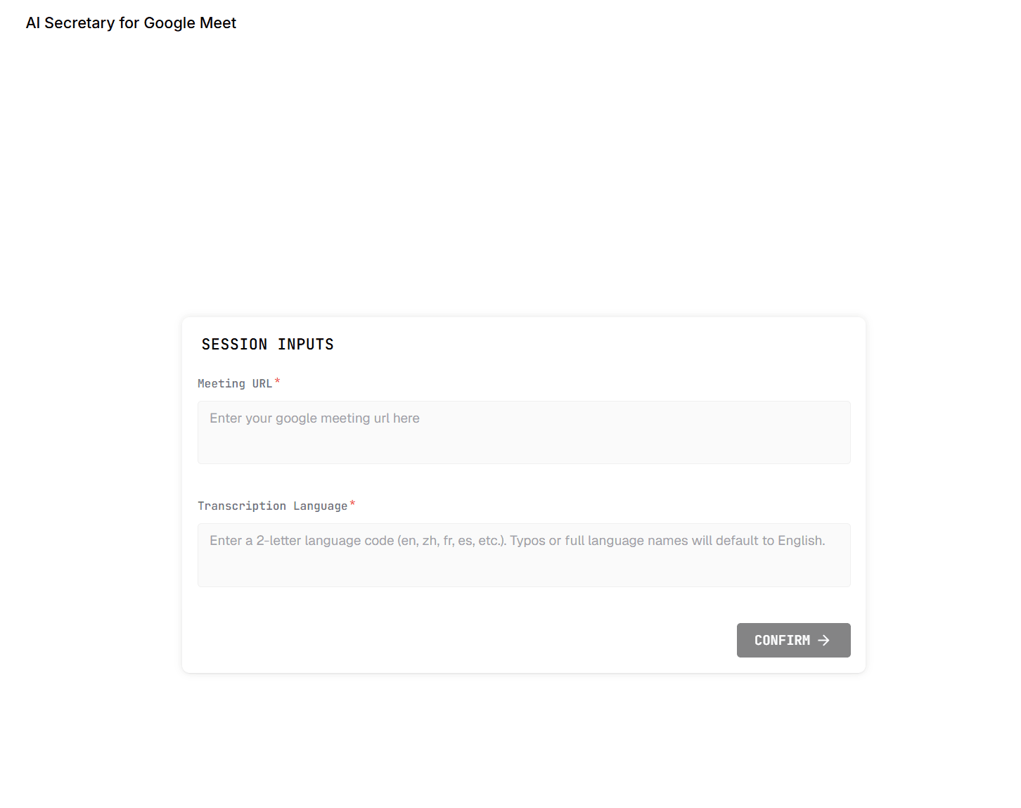 AI note generator, where users can enter a Google Meet URL and select a transcription language to automate their meeting notes.