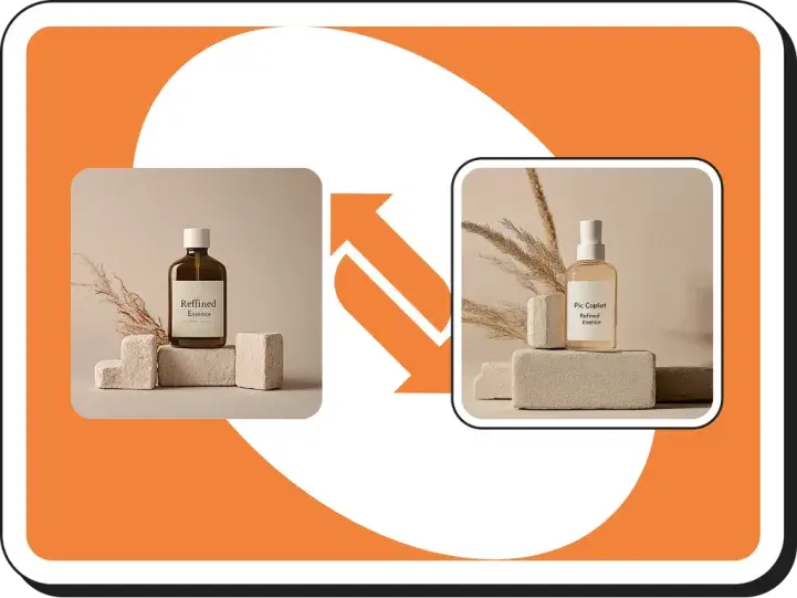 AI product swap before after: brown bottle replaced by PicCopilot bottle, same beige blocks, plants, and lighting.