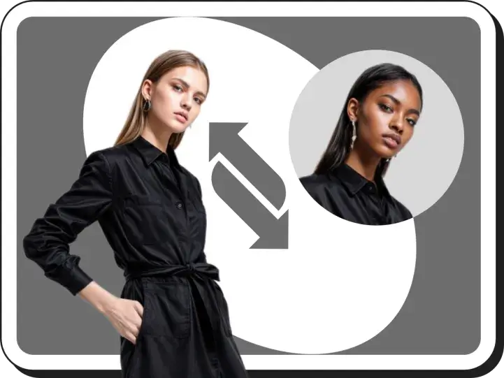 AI face swap on a fashion model wearing a black silk dress to demonstrate diversity.