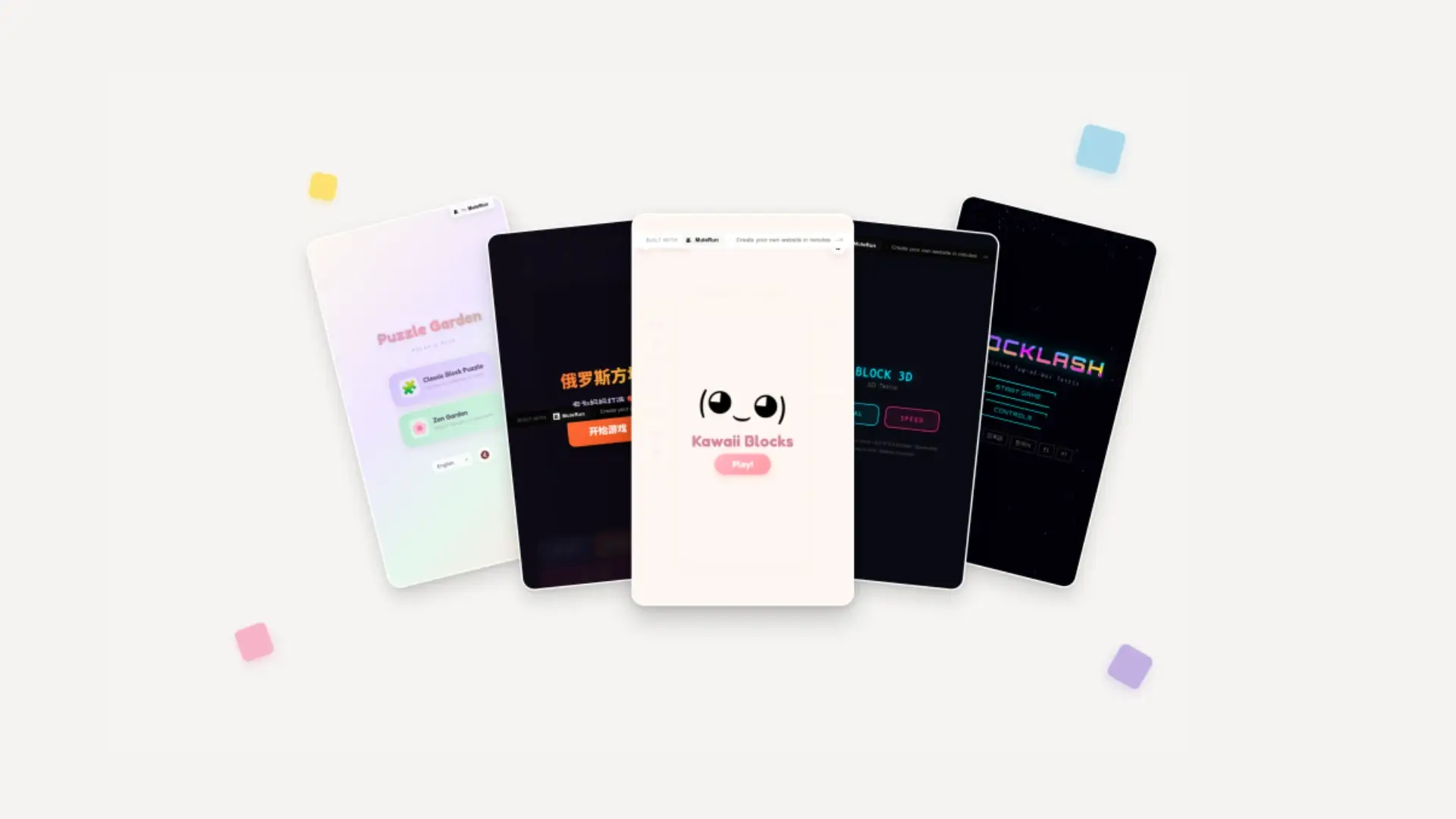 Five games like Tetris built with MuleRun Chat AI displayed side by side