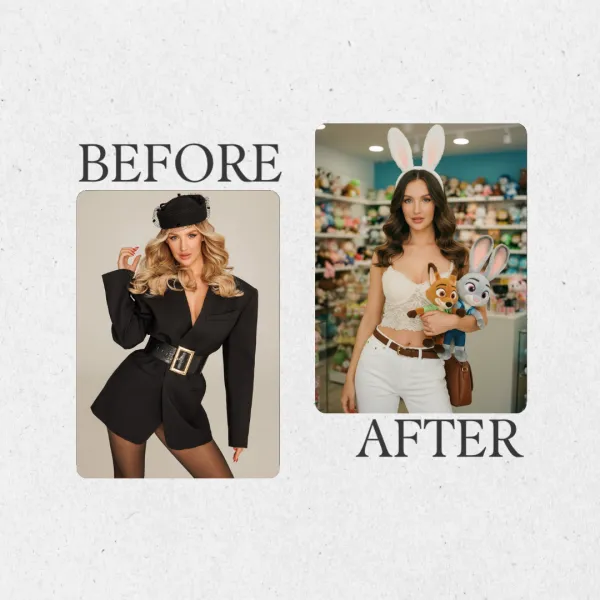 Before-and-after photo showing a woman at dinner transformed into a Zootopia fan holding Nick and Judy plush toys with bunny ears in a merchandise store.